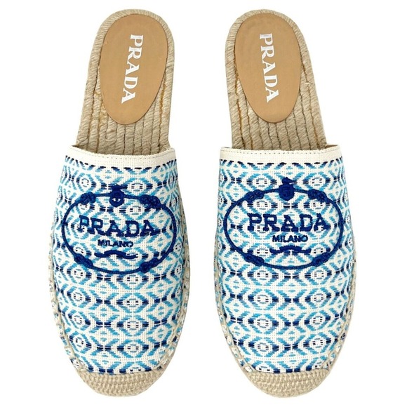 Prada Shoes - Prada Blue Embroidered Logo Pattern Espadrille Slides Size 38